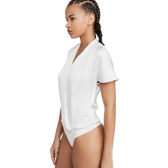 NWT Paige Dijon thong bodysuit, white, extra small, draped mock wrap front - Picture 4 of 13
